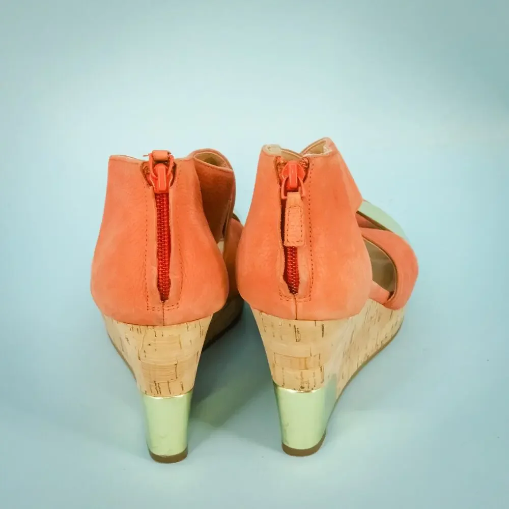 Cole Haan Size 8.5 Orange Gold Metallic Leather Back Zip Cork Wedge Heel Sandals